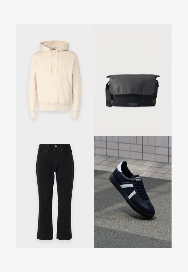Cremefarbene Kapuzenjacke mit Kordeln, Fronttasche und geprägtem "ORIGINALS"-Text. Weicher Stoff mit lockerer Passform. Gerippte Bündchen und Saum.; Schwarze Jeans aus Denim mit geradem Bein, Fünf-Taschen-Design und metallischen Elementen mit Kupferakzenten. Glatte Textur und mittelhoher Bund.; Schwarze Leder-Sneaker mit weißen Streifen, strukturiertem Gummisohle und Schnürung. Verfügt über ein Markenetikett auf der Zunge.; Schwarze Messenger-Tasche mit Klappenverschluss und strukturiertem Vordertasche, verstellbarem Schultergurt und minimalistischem Design auf einfarbigem Hintergrund.