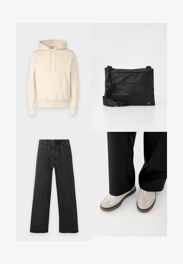 Crème kleurige hoodie met trekkoorden, voorzak en geemboste tekst "ORIGINALS". Zachte stof met een losse pasvorm. Ribgebreide boorden en zoom.; Zwarte hoge taille spijkerbroek met rechte pijpen, voorzien van een knoop- en ritssluiting, en vijf zakken op een witte achtergrond.; Voeten met beige sneakers met bruine zolen en zwarte wijde broekspijpen op een witte achtergrond.; Zwarte nylon boodschappentas met verstelbare riem, plat ontwerp en een zijlabel met een logo. Soepele textuur en minimalistische stijl.