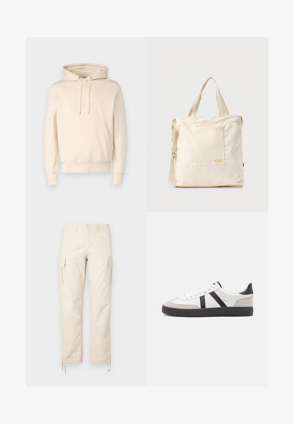 Crème kleurige hoodie met trekkoorden, voorzak en geemboste tekst "ORIGINALS". Zachte stof met een losse pasvorm. Ribgebreide boorden en zoom.; Beige cargobroek van een katoenen mix. Kenmerken zijn onder andere twee zijzakken, een rechte pijpdesign en verstelbare trekkoorden aan de zoom.; Witte sneaker met zwarte en grijze accenten, voorzien van een grijze neus met textuur, zwarte rubberen zool en platte witte veters. Schoon ontwerp, minimalistische stijl.; Crèmekleurige canvas boodschappentas met voorvak, twee handvatten, verstelbare schouderriem en kleine gele "O.N.S" tekst rechtsonder op het vak.