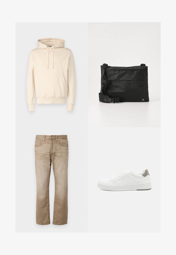 Cremefarbene Kapuzenjacke mit Kordeln, Fronttasche und geprägtem "ORIGINALS"-Text. Weicher Stoff mit lockerer Passform. Gerippte Bündchen und Saum.; Beige Denim-Jeans im Straight-Leg-Design mit fünf Taschen, Knopfverschluss und dezentem Verblassen des Stoffes.; Weißer Sneaker aus glattem Leder, runde Zehenpartie, minimalistisches Design, graue Fersenkante und strukturierte Gummisohle.; Schwarze Nylon-Umhängetasche mit verstellbarem Riemen, flachem Design und seitlichem Etikett mit Logo. Glatte Textur und minimalistischer Stil.