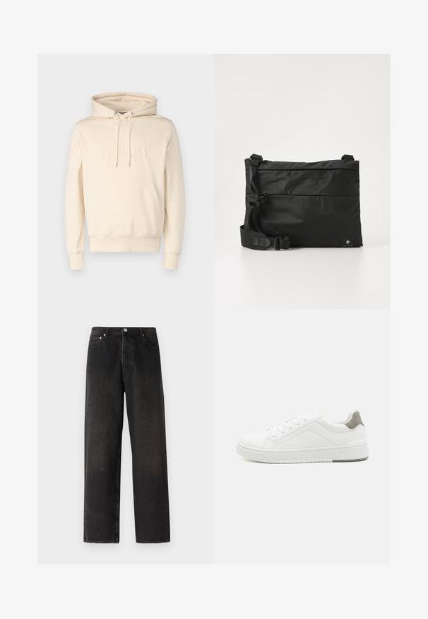 Crème kleurige hoodie met trekkoorden, voorzak en geemboste tekst "ORIGINALS". Zachte stof met een losse pasvorm. Ribgebreide boorden en zoom.; Zwarte denim jeans met een recht model, voorzien van een vijf-pocketstijl, een messing knoop en subtiele textuurvariaties op de stof.; Witte sneaker van glad leer met een ronde neus, minimalistisch ontwerp, grijze hielaccent en een geplaatste rubberen zool.; Zwarte nylon boodschappentas met verstelbare riem, plat ontwerp en een zijlabel met een logo. Soepele textuur en minimalistische stijl.