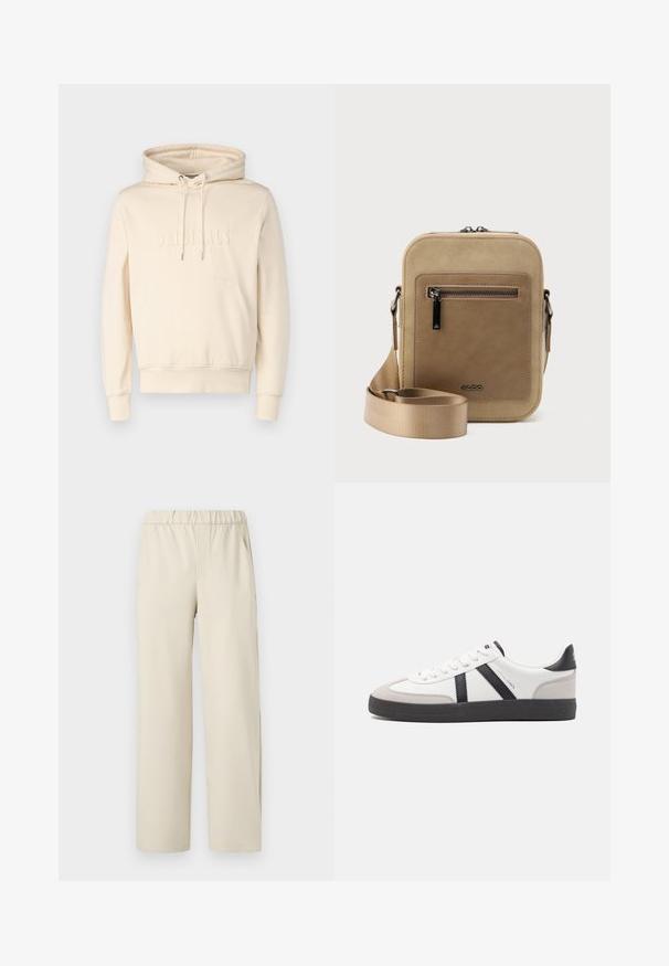 Cremefarbene Kapuzenjacke mit Kordeln, Fronttasche und geprägtem "ORIGINALS"-Text. Weicher Stoff mit lockerer Passform. Gerippte Bündchen und Saum.; Beige weite Hose mit elastischem Bündchen, aus weichem Stoff gefertigt. Sie hat eine glatte Textur und keine sichtbaren Muster oder Beschläge.; Weiße Sneaker mit schwarz- und grau-aczenten, ausgestattet mit einer strukturierten grauen Zehenkappe, schwarzer Gummi-Sohle und flachen weißen Schnürsenkeln. Sauberes Design, minimalistische Stil.; Kleine beige Umhängetasche mit vorderer Reißverschlusstasche, metallischem ALDO-Logo, verstellbarem breitem Riemen und abgerundeter rechteckiger Form vor weißem Hintergrund.