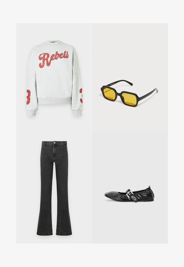 Grå sweatshirt med "Rebels" i rødt på forsiden og et rødt "3" på hver ærme. Lavet af blødt stof med et afslappet design.; Sort højtaljede denimjeans med let udvidelse, frontknap og lynlås samt forlommer med lapper.; Sorte læder flade sko med spids tå, samling detaljer omkring åbningen, og en sølv spænde accent på den justerbare rem.; Sorte rektangulære solbriller med gule linser. Funktioner inkluderer tykke stel og kantet design med en glat, blank finish.