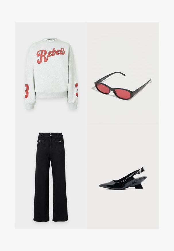 Grå sweatshirt med "Rebels" i rødt på forsiden og et rødt "3" på hver ærme. Lavet af blødt stof med et afslappet design.; Sorte, vidde bukser med høj talje og to forlommer med klapper, der lukkes med knapper, samt dobbelt knaplukning ved taljen.; Sort laklæder slingback sko med spids tå og lav vinklet blokhæl på ensartet lys baggrund.; Sorte ovale solbriller med tynde arme og rødtonede linser, der ligger på en hvid overflade.