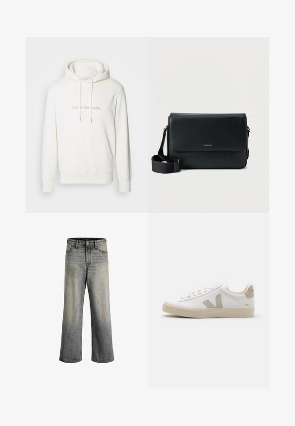 Sudadera blanca con capucha, con un bolsillo tipo canguro en la parte delantera, puños acanalados y el logo de Calvin Klein Jeans bordado en suave beige. Textura suave.; Vaqueros de pierna ancha en denim gris deslavado con un ligero efecto ombré. Presenta bolsillos frontales y un detalle de costura visible. Se aprecian marcas de uso sutiles.; Zapatillas blancas de cuero con acentos en beige, suela plana de goma, puntera redonda y logotipo contrastante en el lado y la parte trasera. Diseño con cordones.; Bolso mensajero de cuero negro con acabado texturizado, correa ajustable y solapa frontal con un logo sutil. Forma compacta y rectangular.