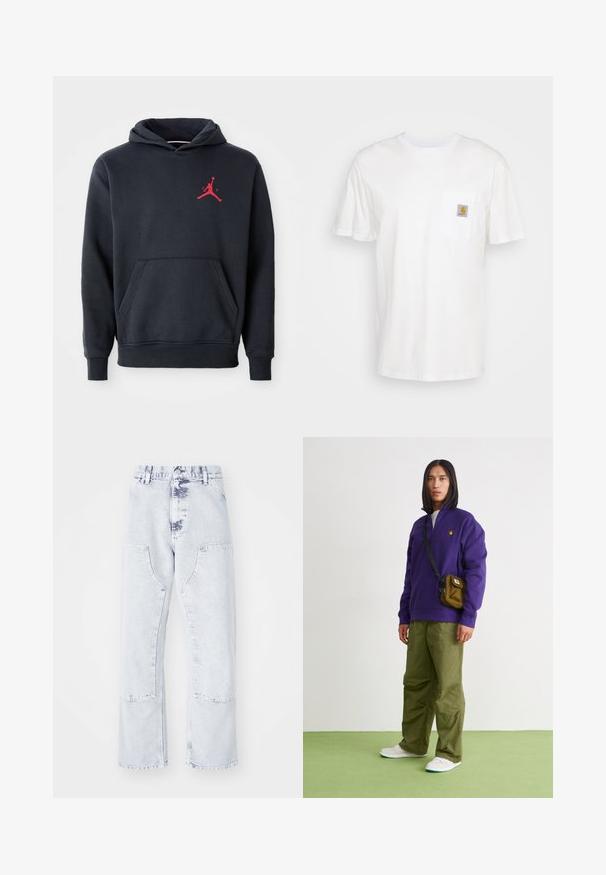 Marineblå hoodie lavet af blødt stof, med en kengurulomme og et rødt Jumpman-logo på brystet. Klassisk design med hætte og snoretræk.; Hvid bomulds T-shirt med korte ærmer, en brystlomme, og et lille firkantet logo patch i orange og hvid på lommen.; Lys blå denim straight-leg jeans med patchlommer, høj talje og en falmet overflade. Har tonede syninger og en afslappet pasform.; Jordan AIR JORDAN 1 ZM CMFT 2 - Sneakers high - summit white/bicoastal/oxidized green