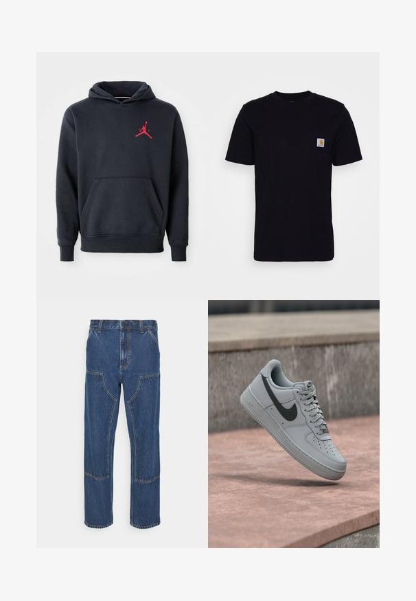 Hoodie bleu marine en tissu doux, doté d'une poche kangourou et d'un logo Jumpman rouge sur la poitrine. Design classique avec une capuche à cordelette.; T-shirt en coton noir à manches courtes, col rond et poche poitrine avec un petit patch logo carré. Design simple et uni.; Jean en denim bleu avec une coupe droite, poches avant à patch et coutures contrastées. Le tissu a une texture et une finition classiques.; Baskets Nike Air Force 1 grises avec logo swoosh noir, semelle blanche et lacets, présentées en suspension au-dessus d'une surface en béton.