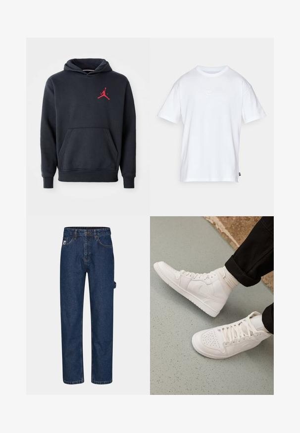 Hoodie bleu marine en tissu doux, doté d'une poche kangourou et d'un logo Jumpman rouge sur la poitrine. Design classique avec une capuche à cordelette.; T-shirt en coton blanc à manches courtes et col rond. Présente un petit logo Nike subtil sur la poitrine et une étiquette sur le côté.; Jeans en denim bleu foncé avec une coupe droite, cinq poches et une étiquette de marque visible sur le côté avant gauche.; Baskets montantes blanches en cuir lisse avec un bout perforé, fermeture à lacets et un discret logo sur le côté. Semelle en caoutchouc texturé.