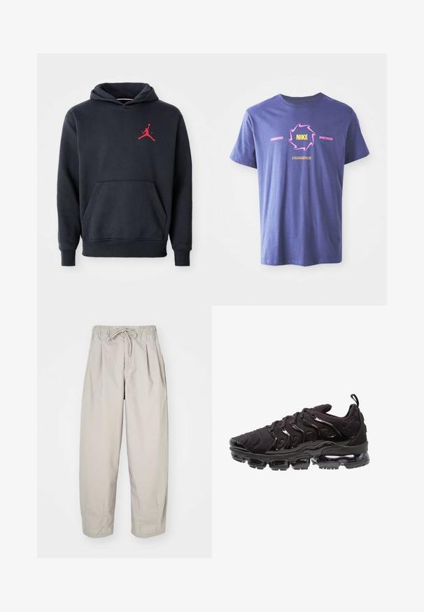 Marineblå hoodie lavet af blødt stof, med en kengurulomme og et rødt Jumpman-logo på brystet. Klassisk design med hætte og snoretræk.; Lilla bomulds T-shirt med korte ærmer, der har et dristigt grafisk design. Inkluderer "Nike" i gult inden i en lyserød virvel og tekst accenter.; Beige, lette bukser med elastisk talje og snor. Har plisseringer og en løs pasform, lavet af blødt, glat stof.; Sorte atletiksko med et tekstureret stofoverdel, metalliske detaljer og en markant luftfyldt sål. Har distinkte bølge-lignende designelementer.