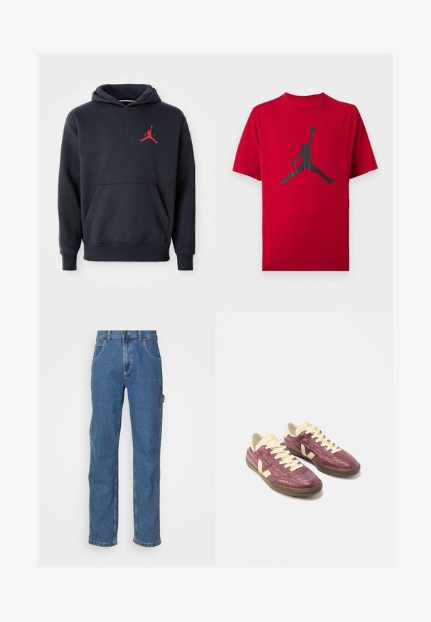Marineblå hoodie lavet af blødt stof, med en kengurulomme og et rødt Jumpman-logo på brystet. Klassisk design med hætte og snoretræk.; Rød t-shirt med korte ærmer med sort silhuet af en basketballspiller, der hopper og holder en bold højt med den ene hånd.; Lyseblå denimjeans med lige pasform, fem lommer og en let falmeffekt på stoffet. Har knap- og lynlåslukning.; Par af lavtopede sneakers i bordeaux tekstiler med cremefarvede snørebånd, hæl og logo samt mørke gummisåler vist på hvid baggrund.
