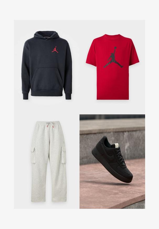 Hoodie bleu marine en tissu doux, doté d'une poche kangourou et d'un logo Jumpman rouge sur la poitrine. Design classique avec une capuche à cordelette.; T-shirt rouge à manches courtes avec silhouette noire d’un joueur de basketball sautant, tenant un ballon haut d’une main.; Pantalon de survêtement gris clair avec taille élastique, cordon avec embouts rouges et grandes poches à rabat sur les deux cuisses.; Baskets Nike Air Force 1 noires flottant au-dessus d’un rebord en béton rose avec un fond en pierre grise, montrant des détails latéraux et supérieurs.