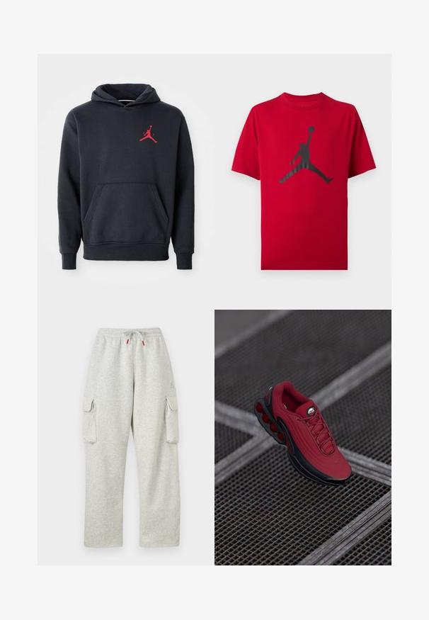 Marineblå hoodie lavet af blødt stof, med en kengurulomme og et rødt Jumpman-logo på brystet. Klassisk design med hætte og snoretræk.; Rød t-shirt med korte ærmer med sort silhuet af en basketballspiller, der hopper og holder en bold højt med den ene hånd.; Lysegrå joggingbukser med elastisk talje, snor med røde ender og store klaplommer på begge lår.; Rød sneakers med en tekstureret overdel, der har sorte accenter og et fremtrædende design med luftcushioning sål. Snørebånd og logo er synlige ovenpå.