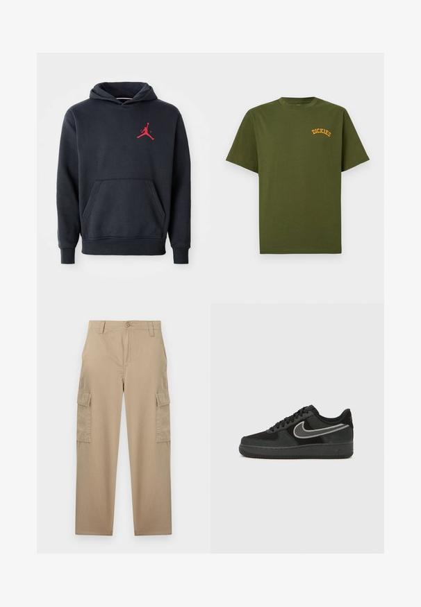 Marineblå hoodie lavet af blødt stof, med en kengurulomme og et rødt Jumpman-logo på brystet. Klassisk design med hætte og snoretræk.; Olivengrøn bomuld T-shirt med rund halsudskæring og korte ærmer, der har gul "DICKIES" logo-broderi på øverste venstre bryst.; Beige cargobukser med lige ben, knaplukning, bæltestropper, forlommer og klaplommer på begge lår.; Nike Air Force 1 sneaker i sort ruskind og læder med en sølvfarvet swoosh, rund tå, snørebånd og tekstureret gummiydersål.