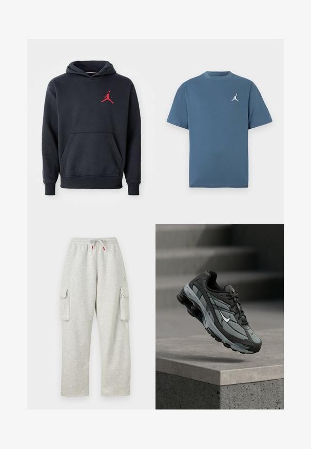 Marineblå hoodie lavet af blødt stof, med en kengurulomme og et rødt Jumpman-logo på brystet. Klassisk design med hætte og snoretræk.; Lyseblå bomulds T-shirt med klassisk rund halsudskæring og korte ærmer, med et hvidt Air Jumpman-logo på venstre brystområde.; Lysegrå joggingbukser med elastisk talje, snor med røde ender og store klaplommer på begge lår.; Grå og sort atletiksko med meshpaneler og tyk sål, placeret i luften over en betonliste med trapper i baggrunden.