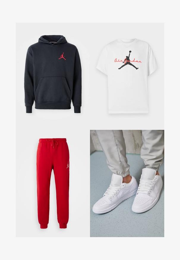 Hoodie bleu marine en tissu doux, doté d'une poche kangourou et d'un logo Jumpman rouge sur la poitrine. Design classique avec une capuche à cordelette.; T-shirt en coton blanc avec une silhouette noire d'un joueur de basket-ball et le texte rouge « Air Jordan » sur la poitrine. Manches courtes, coupe classique.; Pantalons de survêtement en coton rouge avec une taille élastique et un cordon de serrage. Présente un logo Jordan blanc sur le côté gauche. Design de jambe fuselée.; Des baskets en cuir blanc présentent une zone de perforation à l'avant, des lacets plats, un col rembourré et le logo Jordan sur la languette. Portées avec un pantalon de jogging gris.