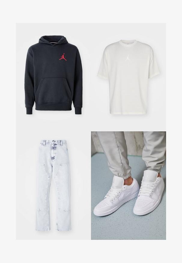 Marineblå hoodie lavet af blødt stof, med en kengurulomme og et rødt Jumpman-logo på brystet. Klassisk design med hætte og snoretræk.; Hvid bomulds t-shirt med rund halsudskæring, korte ærmer og et lille broderet logo i midten. Løst fit design med minimal syning.; Lys blå denim straight-leg jeans med patchlommer, høj talje og en falmet overflade. Har tonede syninger og en afslappet pasform.; Hvide lædersneakers har en perforeret tåboks, flade snørebånd, polstret krave og Jordan-logoet på tungen. Båret med grå joggers.