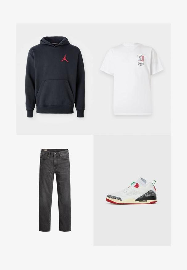Marineblå hoodie lavet af blødt stof, med en kengurulomme og et rødt Jumpman-logo på brystet. Klassisk design med hætte og snoretræk.; Hvid bomuld T-shirt med korte ærmer, med et grafisk lomme-design med spillekort og teksten "Carhartt WIP" på forsiden.; Mørkegrå denim jeans med lige ben, fem lommer og kobbernitter. Klassisk design med en let falmet struktur.; Hvide sneakers med læderoverdel, grå elefantprint detaljer, røde og grønne elementer samt en synlig air cushioning enhed i sålen.