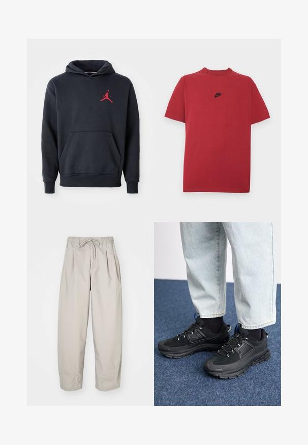 Marineblå hoodie lavet af blødt stof, med en kengurulomme og et rødt Jumpman-logo på brystet. Klassisk design med hætte og snoretræk.; Rød bomuld t-shirt med et sort Nike-logo på brystet, korte ærmer, rund halsudskæring og almindelig pasform. Glat tekstur.; Beige, lette bukser med elastisk talje og snor. Har plisseringer og en løs pasform, lavet af blødt, glat stof.; Sorte træningssko med tekstureret stof og gummisåler, udstyret med elastiske snørebånd og en blå detalje på hælen. Bæres med lyse denimbukser.