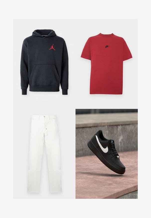 Marineblå hoodie lavet af blødt stof, med en kengurulomme og et rødt Jumpman-logo på brystet. Klassisk design med hætte og snoretræk.; Rød bomuld t-shirt med et sort Nike-logo på brystet, korte ærmer, rund halsudskæring og almindelig pasform. Glat tekstur.; Hvide bukser med lige ben, knap og lynlås, bæltestropper, forlommer og forstærkede knæpaneler.; Sort Nike Air Force 1-sneaker med hvid swoosh-logo, svævende over en stenovertflade med en grå tekstureret væg i baggrunden.