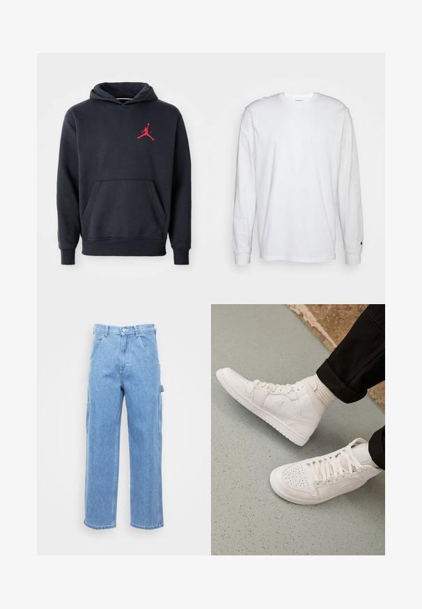 Hoodie bleu marine en tissu doux, doté d'une poche kangourou et d'un logo Jumpman rouge sur la poitrine. Design classique avec une capuche à cordelette.; T-shirt blanc à manches longues en coton. Design à col rond avec des poignets côtelés et un petit logo sur la manche gauche. Texture lisse.; Pantalons cargo en denim bleu clair avec jambe droite, poches avant et poches cargo sur le côté. La texture du tissu est lisse avec une finition légèrement délavée.; Baskets montantes blanches en cuir lisse avec un bout perforé, fermeture à lacets et un discret logo sur le côté. Semelle en caoutchouc texturé.