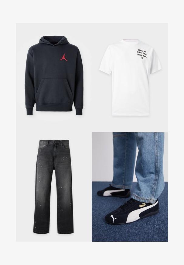 Hoodie bleu marine en tissu doux, doté d'une poche kangourou et d'un logo Jumpman rouge sur la poitrine. Design classique avec une capuche à cordelette.; T-shirt blanc à manches courtes avec texte noir sur la poitrine gauche indiquant "We're In It For The Long Run" et un petit logo New Balance en dessous.; Jean noir à jambe droite avec fermeture bouton-zip, poches avant et détails de tâche de peinture blanche.; Baskets en daim noir avec accents blancs, arborant un logo doré. Portées avec un jean en denim bleu clair et posées sur une surface bleue texturée.