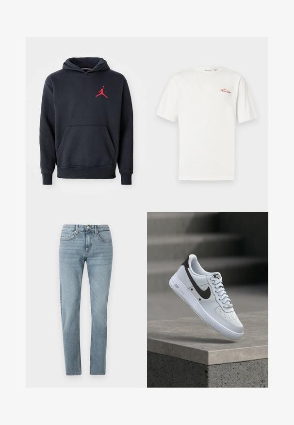 Marineblå hoodie lavet af blødt stof, med en kengurulomme og et rødt Jumpman-logo på brystet. Klassisk design med hætte og snoretræk.; Hvid bomulds-T-shirt med korte ærmer og rund halsudskæring. Har en rød broderet logo på venstre brystområde.; Lys blå denimjeans med slim fit, fem lomme-design og minimale syninger. Stof har en blød tekstur og let falmede områder.; Hvid Nike Air Force 1 sneaker med sort swoosh-logo, svævende over en betonforkant med slørede trapper i baggrunden.
