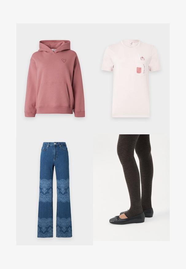 Sweat à capuche rose poudré avec poche avant et petit cœur brodé sur le côté gauche de la poitrine, avec des manches longues et une capuche.; T-shirt rose clair à manches courtes avec une poche avant ornée d'un pot de smoothie à la fraise et d'une fraise avec une paille.; Jeans bleus taille haute à jambes droites avec motifs floraux bleu clair et motifs en dentelle sur les cuisses et les mollets, boutons à l'avant et poches.; Jambes portant des leggings côtelés foncés associés à des ballerines noires avec de petits détails en nœud sur fond blanc.