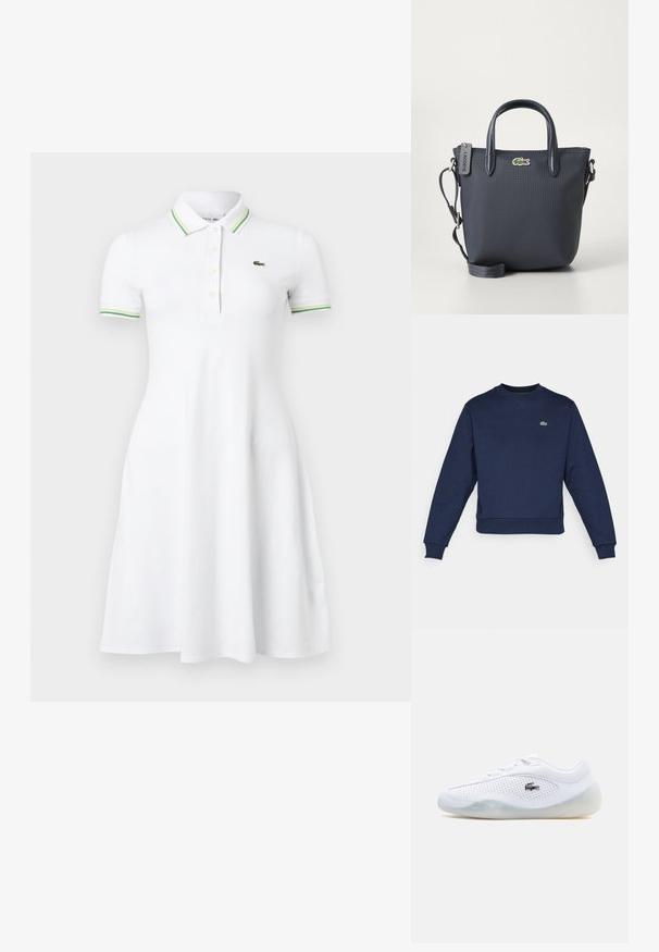 Marineblå sweatshirt lavet af blødt stof, med rund halsudskæring og ribbede manchetter. Lille grøn Lacoste-logo på brystet.; Hvid kortærmet polokjole med grønstribet krave og ærmekanter, knappet stolpelukning og lille grøn krokodillelogo på brystet.; Hvid sneaker med lavt skaft, perforerede sider, gennemsigtig sål, snørebånd og en sort Lacoste krokodillelogo på ydersiden.; Mørkeblå håndtaske med tekstureret stof, to topreadere og en aftagelig rem. Har et lille Lacoste-logo og lynlås i lukningen.