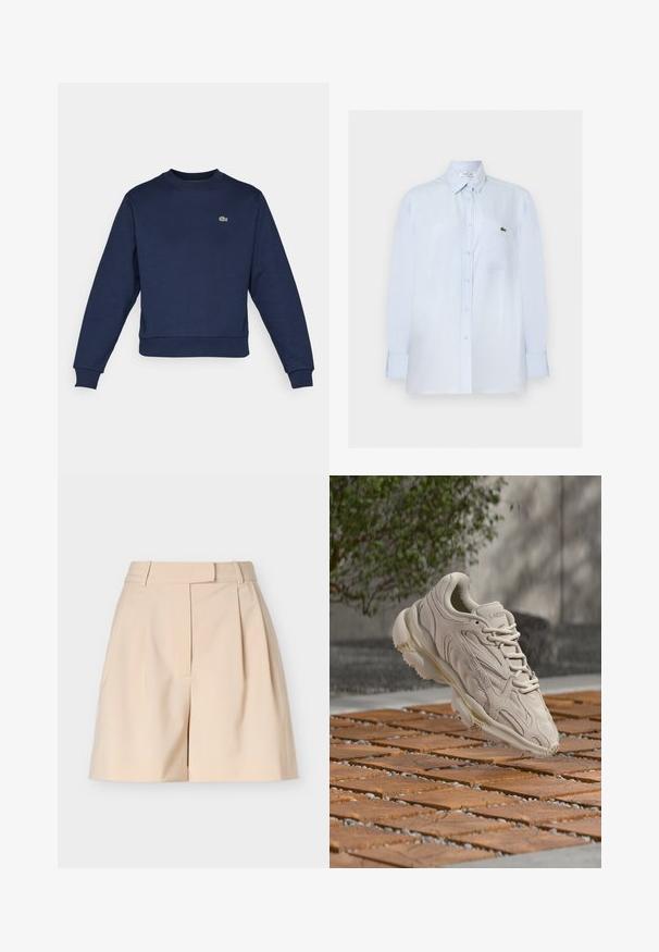 Dunkelblauer Hoodie aus weichem Stoff, mit Rundhalsausschnitt und gerippten Bündchen. Kleines grünes Lacoste-Logo auf der Brust.; Hellblaues langärmeliges Hemd mit Knopfleiste, Brusttasche und kleinem grünen Krokodillogo auf der Tasche.; Beige, hoch taillierte, maßgeschneiderte Shorts mit Gürtelschlaufen, vorderen Bügelfalten und verdecktem Vorderreißverschluss, vor weißem Hintergrund präsentiert.; Beige Lacoste-Sneaker mit wellenförmigem Design und Schnürsenkeln, die über einem gemusterten Boden aus Holz und Kieselsteinen im Freien schweben.