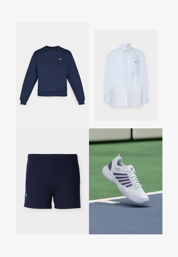 Sudadera azul marino hecha de una tela suave, con cuello redondo y puños acanalados. Pequeño logo verde de Lacoste en el pecho.; Camisa de manga larga azul claro con botones, bolsillo en el pecho y pequeño logo verde de cocodrilo en el bolsillo.; Pantalones cortos de algodón azul marino con cinturilla elástica y pequeño logotipo bordado cerca del dobladillo inferior izquierdo, mostrados sobre un fondo liso.; Zapatilla de tenis K-Swiss blanca y morada suspendida sobre una superficie de cancha de tenis azul y verde con líneas de delimitación blancas.