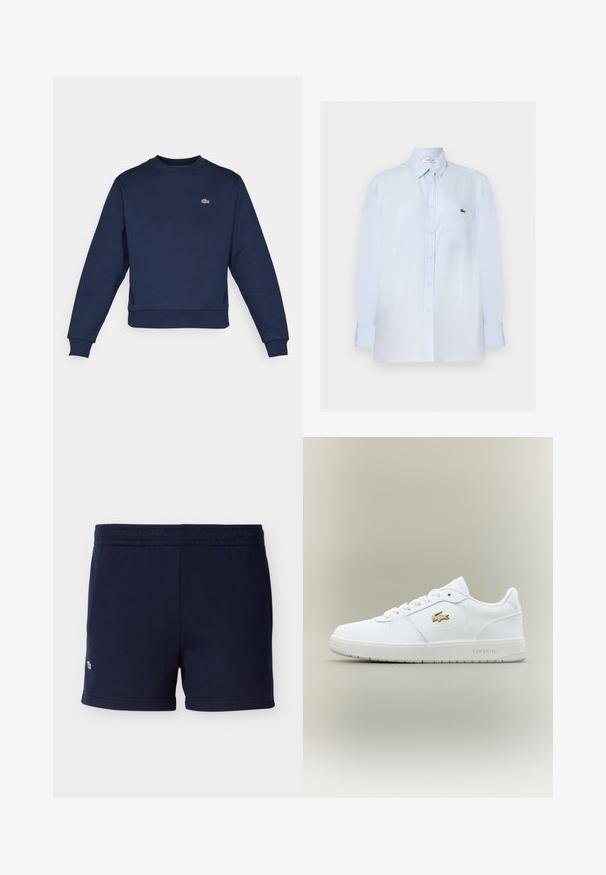 Marineblå sweatshirt lavet af blødt stof, med rund halsudskæring og ribbede manchetter. Lille grøn Lacoste-logo på brystet.; Lyseblå skjorte med lange ærmer og knapper, med brystlomme og lille grønt krokodillelogo på lommen.; Marineblå bomuldsshorts med elastisk talje og lille broderet logo nær nederste venstre kant, vist på en ensfarvet baggrund.; Hvide lædersneakers med lavt design, rund tå, snøring og et guld Lacoste-logo som accent på siden.