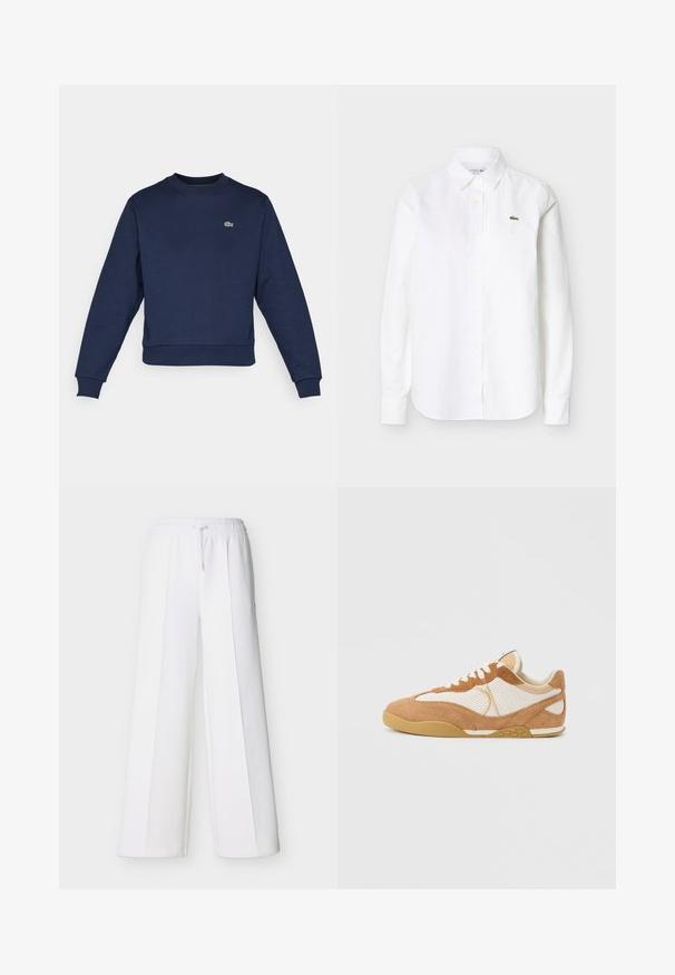 Dunkelblauer Hoodie aus weichem Stoff, mit Rundhalsausschnitt und gerippten Bündchen. Kleines grünes Lacoste-Logo auf der Brust.; Weißes, langärmliges Hemd mit Knöpfen und Kragen, mit einem kleinen grünen Krokodil-Logo auf der linken Brust.; Weiße Weithosen mit elastischem Bund und Kordelzug. Hergestellt aus weichem Stoff mit vertikalen Nähten für einen maßgeschneiderten Look.; Hellbrauner und weißer Sneaker mit niedrigem Schaft, aus Wildleder- und Mesh-Einsätzen, weißen Schnürsenkeln und einer Sohle aus Gummilaufsohle, von der Seite auf grauem Hintergrund gezeigt.