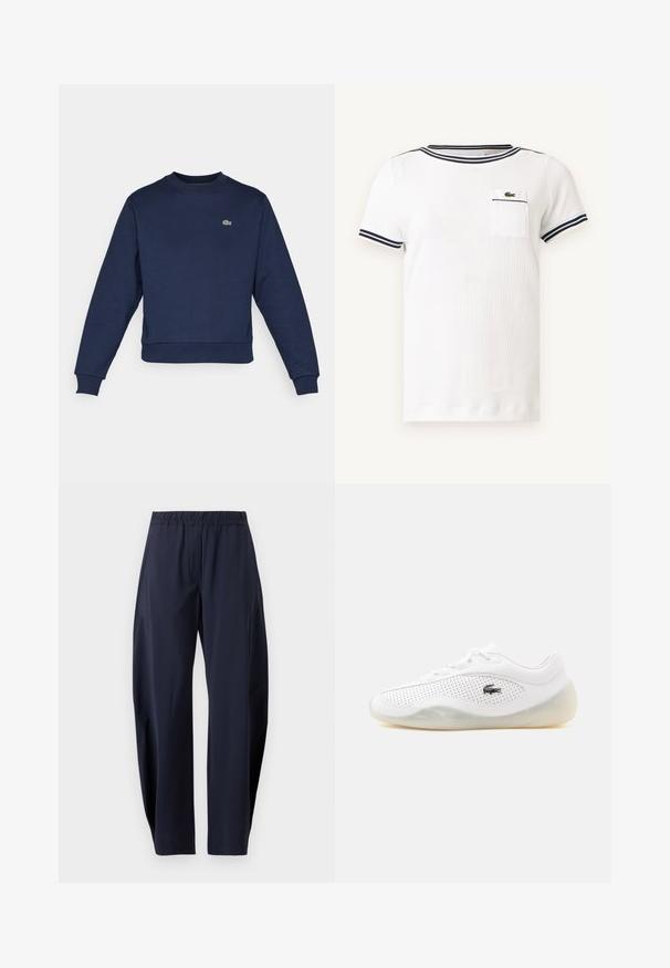 Sudadera azul marino hecha de una tela suave, con cuello redondo y puños acanalados. Pequeño logo verde de Lacoste en el pecho.; Camiseta de punto blanca de manga corta con ribete de rayas azul marino en el cuello y las mangas, con un pequeño bolsillo en el pecho con logo de cocodrilo verde.; Pantalones azul marino de corte recto con cintura elástica y bolsillos laterales, mostrados sobre un fondo blanco.; Zapatilla blanca de corte bajo con laterales perforados, suela translúcida, cordones y un pequeño logo negro de cocodrilo en el lado exterior.