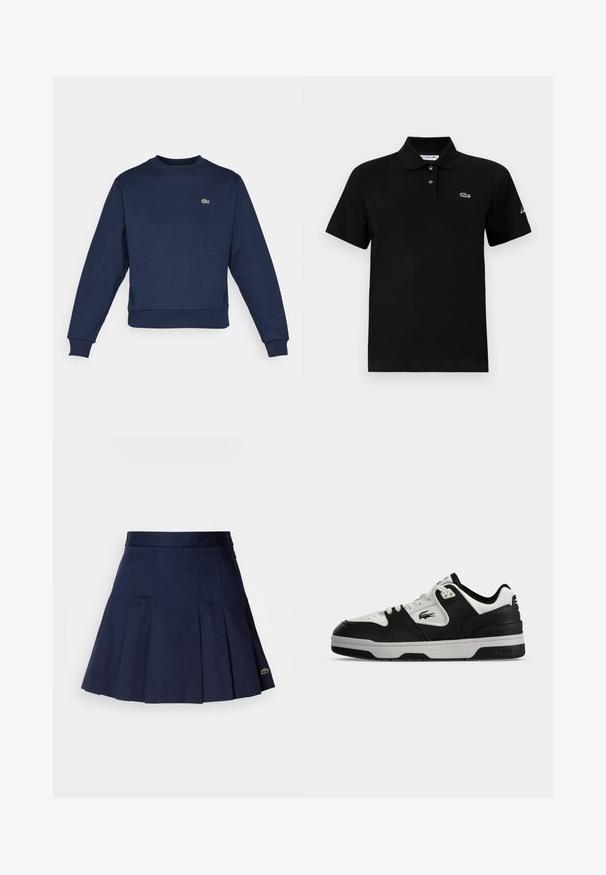 Navyblauwe sweatshirt van zachte stof, met een ronde hals en ribgebreide manchetten. Klein groen Lacoste-logo op de borst.; Zwart poloshirt met korte mouwen, twee knopen, een kraag, klein groen krokodillenlogo op de borst en witte tekst op de linker mouw.; Marineblauwe plooienrok met een aangesloten tailleband, gemaakt van een soepele stof. Beschikt over een klein Lacoste-logo op de zoom.; Lage zwart-witte Lacoste sneaker met vetersluiting en logo op de zijkant, weergegeven vanaf de buitenkant tegen een effen achtergrond.