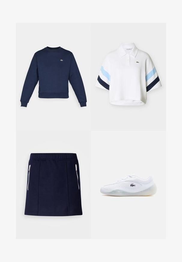 Marineblå sweatshirt lavet af blødt stof, med rund halsudskæring og ribbede manchetter. Lille grøn Lacoste-logo på brystet.; Hvid cropped polo skjorte med lyseblå og marineblå striber på ærmerne og lille grønt krokodillelogo på brystet.; Marineblå nederdel lavet af blødt stof, med hvide lynlåslommer, en tætsiddende design og en glat tekstur. Moderate længde til midten af låret.; Hvid sneaker med lavt skaft, perforerede sider, gennemsigtig sål, snørebånd og en sort Lacoste krokodillelogo på ydersiden.
