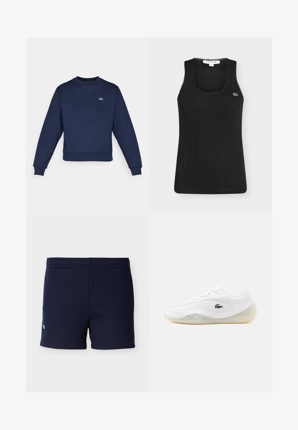 Námornícky modrá mikina vyrobená z jemnej látky, s okrúhlym výstrihom a ribbovanými manžetami. Malé zelené logo Lacoste na hrudi.; Čierny pletený tielkový top bez rukávov s jemným vertikálnym vzorom a nášivkou s logom Lacoste na hrudi, s okrúhlym výstrihom.; Tmavomodré bavlnené šortky s elastickým pásom a malým vyšívaným logom pri spodnom ľavom okraji, zobrazené na jednoduchom pozadí.; Biele nízke tenisky s perforovanými stranami, priehľadnou podrážkou, šnúrkami a malým čiernym logom krokodíla na vonkajšej strane.