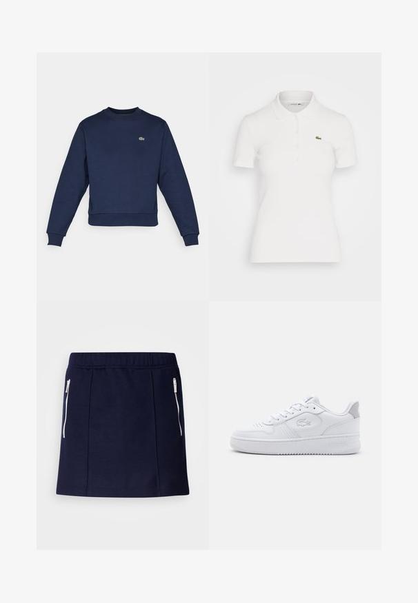 Sudadera azul marino hecha de una tela suave, con cuello redondo y puños acanalados. Pequeño logo verde de Lacoste en el pecho.; Camisa polo blanca hecha de tela de canalé, con cuello, tapeta de botones y un logo verde de Lacoste en el lado izquierdo del pecho.; Falda azul marina hecha de tejido suave, con bolsillos con cremallera blanca, un diseño ajustado y una textura lisa. Longitud por encima de la rodilla.; Zapatilla deportiva blanca con parte superior de cuero liso, punta redonda y cierre con cordones. Presenta un logo embosado y un acento gris en el talón. Suela de goma plana.