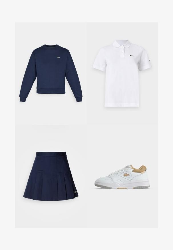 Námornícky modrá mikina vyrobená z jemnej látky, s okrúhlym výstrihom a ribbovanými manžetami. Malé zelené logo Lacoste na hrudi.; Biela polokošeľa s krátkym rukávom, dvoma gombíkmi, malým zeleným logom krokodíla na ľavej hrudi a nenápadným čiernym logom na ľavom rukáve.; Námornícka plisovaná sukňa s priliehajúcim pásom, vyrobená z hladkého materiálu. Obsahuje malé logo Lacoste na leme.; Bielo-béžová nízka teniska so šnurovaním vpredu a logom na boku, zobrazená na jednoduchom svetlom pozadí.