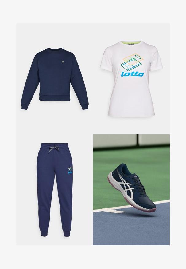 Námornícky modrá mikina vyrobená z jemnej látky, s okrúhlym výstrihom a ribbovanými manžetami. Malé zelené logo Lacoste na hrudi.; Biela krátky rukáv tričko vyrobené z bavlny, s farebnou geometrickou grafikou a modrým logom "lotto" na prednej strane.; Námornícke modré tepláky s pásekom na stiahnutie a manžetami na členkoch. Na ľavom stehne je logo Lotto v živých farbách. Vyrobené z jemnej tkaniny.; Tmavomodrá športová topánka s bielymi pruhmi a ružovou podrážkou levitujúca nad tenisovým kurtom pri základnej čiare.