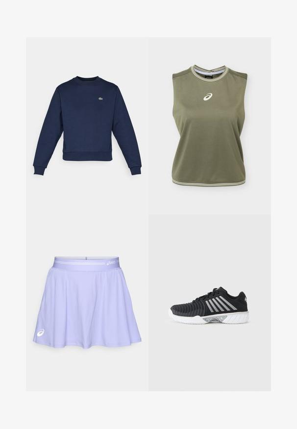Sudadera azul marino hecha de una tela suave, con cuello redondo y puños acanalados. Pequeño logo verde de Lacoste en el pecho.; Top atlético sin mangas de color verde oliva con logo blanco de Asics centrado en el pecho, escote redondo con rayas blancas y dobladillo.; Falda atlética de color púrpura claro hecha de un tejido elástico. Cuenta con una cinturilla ancha con un acento blanco y un logotipo en la parte inferior izquierda.; Zapatilla deportiva negra con suela blanca antideslizante, rayas blancas diagonales en el lateral, puntera texturizada y cierre de cordones sobre un fondo gris.