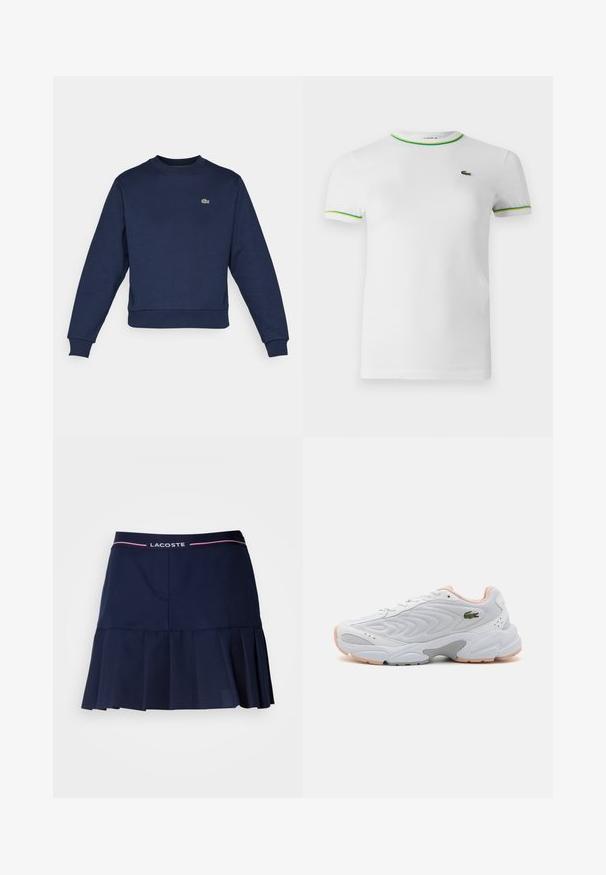 Sudadera azul marino hecha de una tela suave, con cuello redondo y puños acanalados. Pequeño logo verde de Lacoste en el pecho.; Camiseta de algodón blanca con mangas cortas, cuello redondo y acentos en verde y amarillo en el cuello y los dobladillos de las mangas. Logo de Lacoste en el pecho.; Falda plisada color navy con una cintura elástica que presenta un logo de Lacoste en blanco y rosa. Fabricada en una tela suave y ligera.; Zapatilla deportiva blanca con parte superior de malla texturizada, acentos en rosa y suela gris. Presenta un logo verde en el lateral y ojales de cordones redondos.