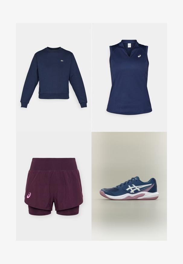 Námornícky modrá mikina vyrobená z jemnej látky, s okrúhlym výstrihom a ribbovanými manžetami. Malé zelené logo Lacoste na hrudi.; Námornícky modrá bezrukávová športová košeľa s výstrihom do V, vyrobená z hladkej, vlhkosť odvádzajúcej látky; má ploché švy a malé logo na ľavej hrudi.; Fialové dvojvrstvové bežecké šortky so širokým pásom a malým ružovým logom Asics na ľavej nohe.; Námornícka modrá športová teniska s bielou a ružovou podrážkou, bielym logom na boku, šnurovacím dizajnom a sieťovinovými detailmi na prstoch a stranách.