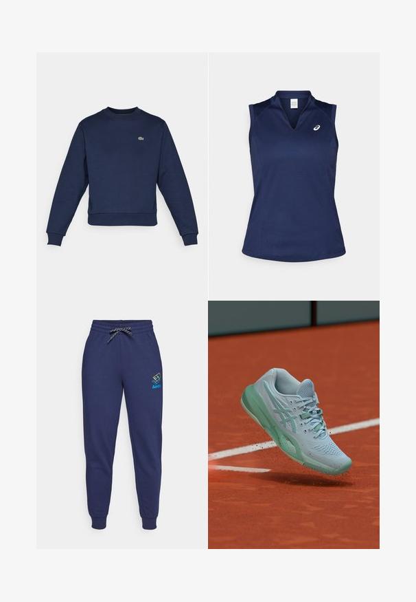 Námornícky modrá mikina vyrobená z jemnej látky, s okrúhlym výstrihom a ribbovanými manžetami. Malé zelené logo Lacoste na hrudi.; Námornícky modrá bezrukávová športová košeľa s výstrihom do V, vyrobená z hladkej, vlhkosť odvádzajúcej látky; má ploché švy a malé logo na ľavej hrudi.; Námornícke modré tepláky s pásekom na stiahnutie a manžetami na členkoch. Na ľavom stehne je logo Lotto v živých farbách. Vyrobené z jemnej tkaniny.; Svetlomodrá tenisová obuv víri prach z hliny na oranžovom tenisovom kurte blízko bielej ohraničujúcej čiary.