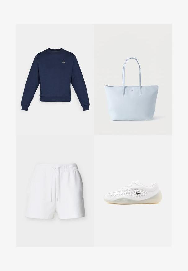 Námornícky modrá mikina vyrobená z jemnej látky, s okrúhlym výstrihom a ribbovanými manžetami. Malé zelené logo Lacoste na hrudi.; Biele šortky s elastickým pásom, sťahovacie šnúrkou, rovný lem a malým logom na pravej strane.; Biele nízke tenisky s perforovanými stranami, priehľadnou podrážkou, šnúrkami a malým čiernym logom krokodíla na vonkajšej strane.; Svetlomodrá taška na rameno s dlhými rúčkami a zipsovým uzáverom, s malým logom krokodíla uprostred prednej strany.