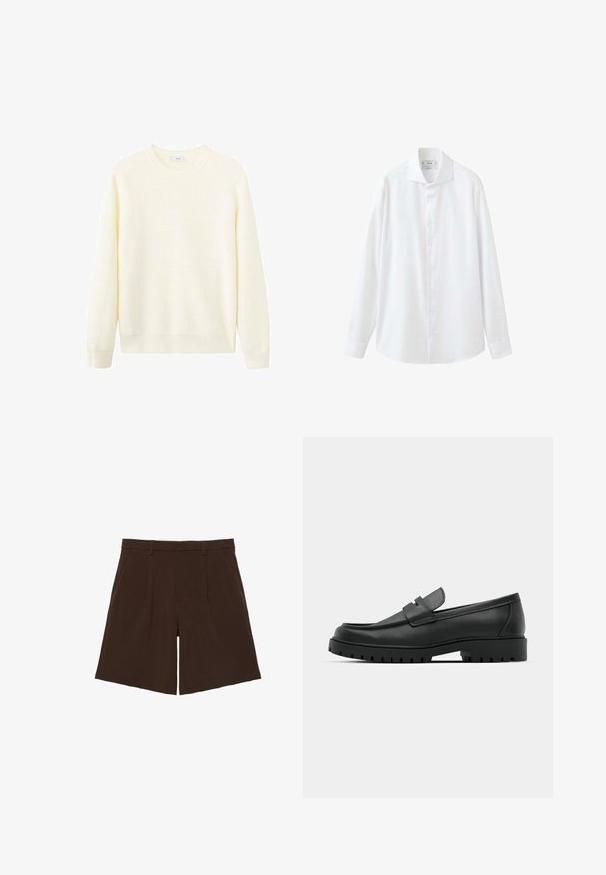 Pull crème clair, texture côtelée, col rond, manches longues et ourlet droit. Tissu doux sans motifs ni accents visibles.; Chemise blanche à manches longues avec boutons, col pointu et poignets, affichée sur fond blanc.; Shorts marron foncé coupés au genou, cintrés avec passants de ceinture et plis sur le devant, présentés à plat sur fond blanc.; Mocassins en cuir noir à bout arrondi, avec un design cousu, une semelle plateforme basse et une semelle en caoutchouc texturée et crantée.