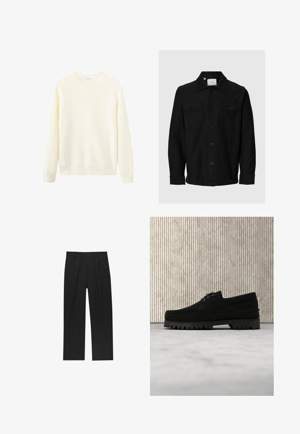 Pull crème clair, texture côtelée, col rond, manches longues et ourlet droit. Tissu doux sans motifs ni accents visibles.; Veste noire à boutons, avec deux poches à rabat sur la poitrine et un col italien, manches longues et base droite.; Pantalons noirs au design droit, fabriqués à partir d'un tissu lisse. Dotés de plis sur le devant et d'une fermeture à un bouton à la taille.; Chaussure noire à lacets avec semelle épaisse à nervures flottant au-dessus d'un tapis beige, table ronde moderne marron en arrière-plan dans une pièce à éclairage doux.