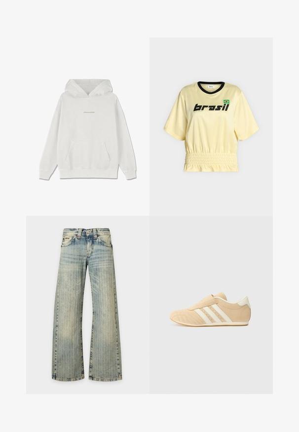 Weißer Baumwoll-Hoodie mit einer Fronttasche, gerippten Bündchen und dem "PEGADOR"-Logo in Hellbeige über der Brust.; Gelbes Kurzarmhemd mit schwarzem Kragen, Schriftzug „brasil“, brasilianischer Flagge und gerafftem Taillendetail.; Hellblaue Denim-Jeans mit einem verblassten vertikalen Streifenmuster, Fronttaschen, Knopfverschluss und weiten, geraden Beinen.; Tan- und cremefarbene Sportschuhe mit einem glatten Lederoberteil, drei weißen Streifen an der Seite und einer abgerundeten Zehenpartie. Strukturiertes Obermaterial mit Perforationen.