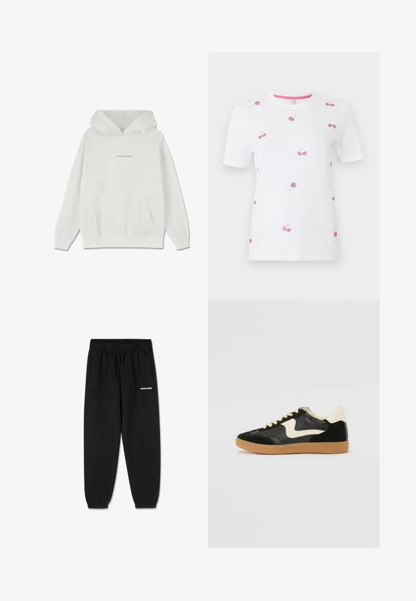 Witte katoenen hoodie met een voorzak, geribde manchetten en het "PEGADOR" logo in lichtbeige op de borst.; Wit t-shirt met korte mouwen en roze kersenmotieven verspreid over de voorkant en mouwen, met een ronde halslijn en een roze binnenrand.; Zwarte joggerbroek met elastische tailleband en boorden, zijzakken en wit "PEGADOR"-logo op het bovenste rechterbeen.; Zwarte suède en leren sneaker met een crèmekleurige zij-swoosh en lichte crèmekleurige hiel. Voorzien van beige veters en een gumrubberen zool.