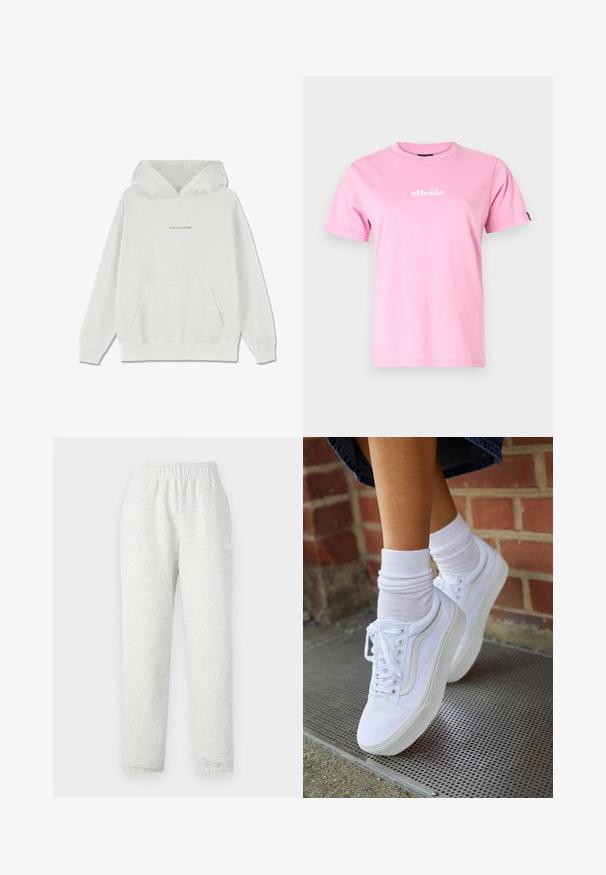 Hvid bomulds-hættetrøje med en frontlomme, ribbede manchetter og "PEGADOR" logo i lys beige tværs over brystet.; Lyserød bomulds T-shirt med rund hals, korte ærmer og et hvidt logo trykt på forsiden. Glat tekstur, afslappet pasform.; Lys grå sweatpants med elastisk talje, tapered ben og ribbede manchetter. Fremstillet af et blødt, tekstureret stof. Hvid logo detalje på siden.; Hvide lærreds sneakers med gummisåler, der har seks snørehuller, rund tå og let sømdetaljer, krydret med hvide ankelstrømper.