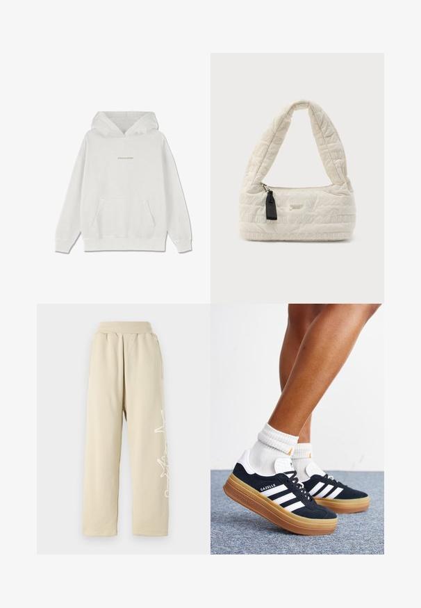 Weißer Baumwoll-Hoodie mit einer Fronttasche, gerippten Bündchen und dem "PEGADOR"-Logo in Hellbeige über der Brust.; Beige Sweatpants mit lockerer Passform, einem elastischen Bund, Seitentaschen und einem weißen grafischen Detail entlang des linken Beins. Aus weichem Baumwollmaterial.; Beine mit weißen Socken und schwarzen Adidas Gazelle Sneakers mit weißen Streifen und dicken braunen Sohlen auf einem grauen Teppichboden.; Gesteppte cremefarbene Handtasche mit gebogenem Griff, Reißverschluss und kontrastierenden schwarzen Beschlägen. Verfügt über ein geprägtes Markenlogo auf der Oberfläche.
